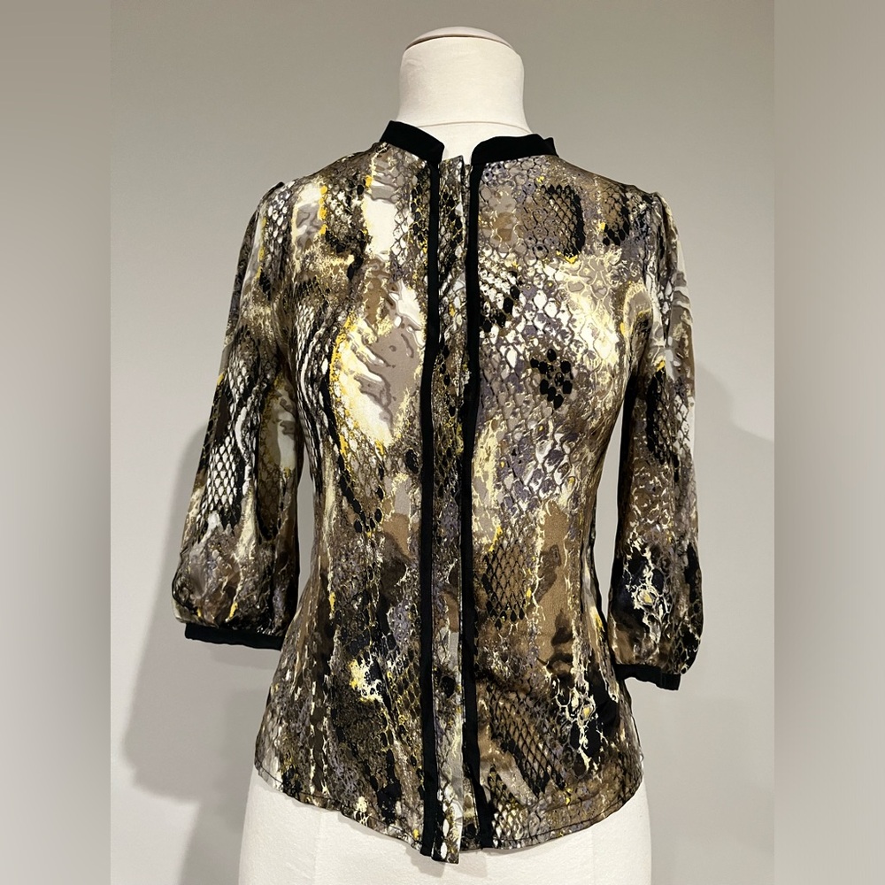 LINE & DOT 100% SILK SNAKE PRINT BLOUSE | TIE NECK | SHEER SLEEVES |ANIMAL PRINT